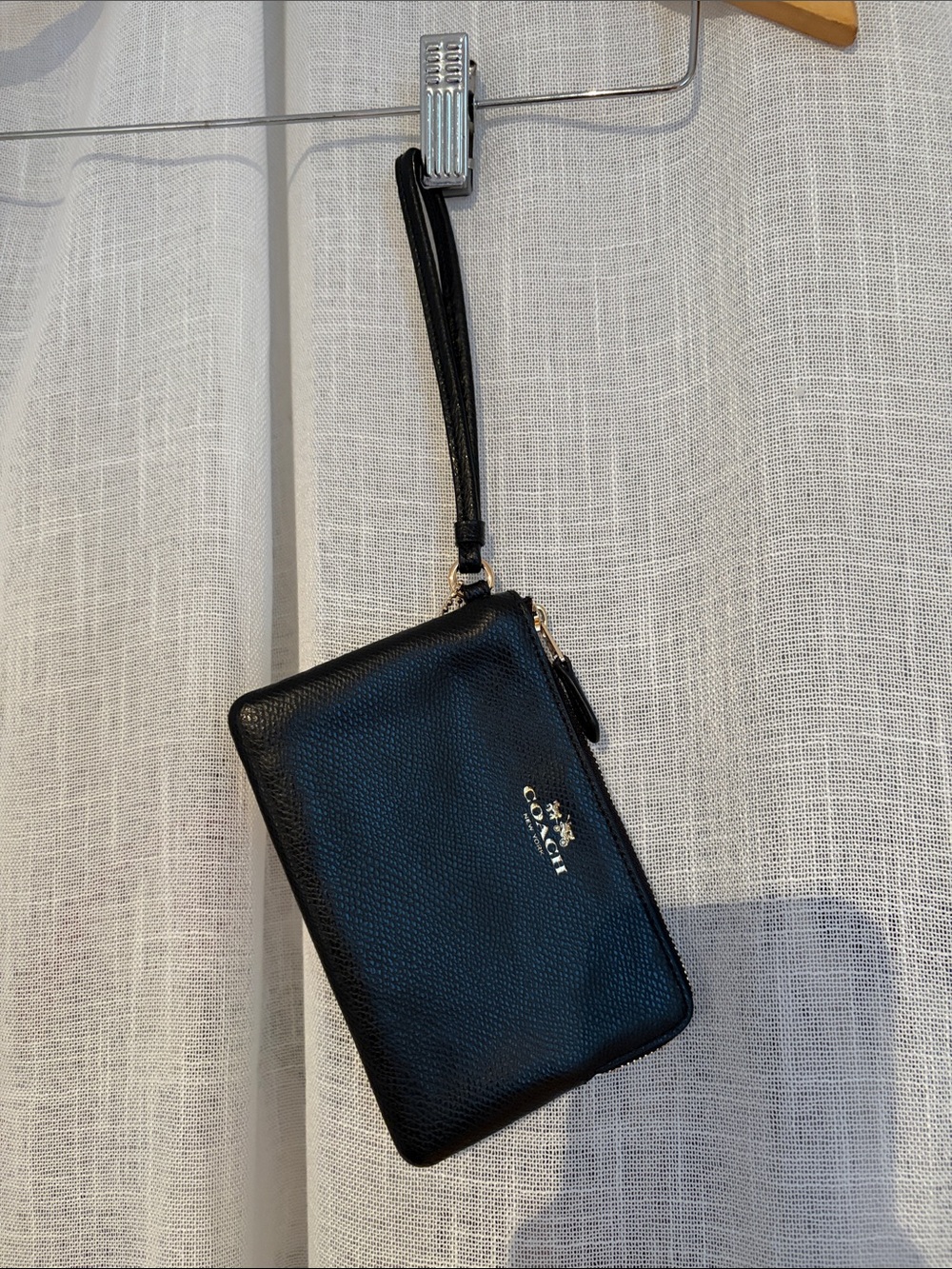 Coach Black Pebble Leather Wristlet Card Pouch with Gold Logo